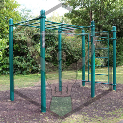Calisthenics workout equipment at Albert College Park in Dublin, featuring pull-up bars and outdoor fitness structures for bodyweight training