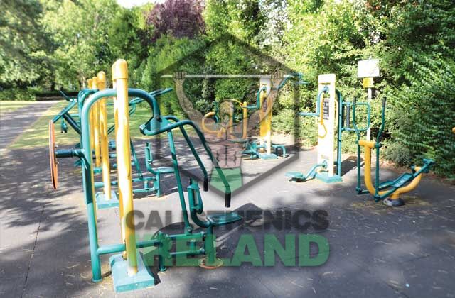 Outdoor fitness area at Albert College Park in Dublin, equipped with calisthenics bars for strength and mobility training