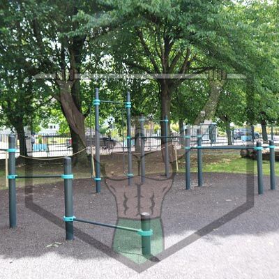 Workout rig with calisthenics exercise bars at Ballyfermot Park in Dublin, designed for outdoor strength and mobility training