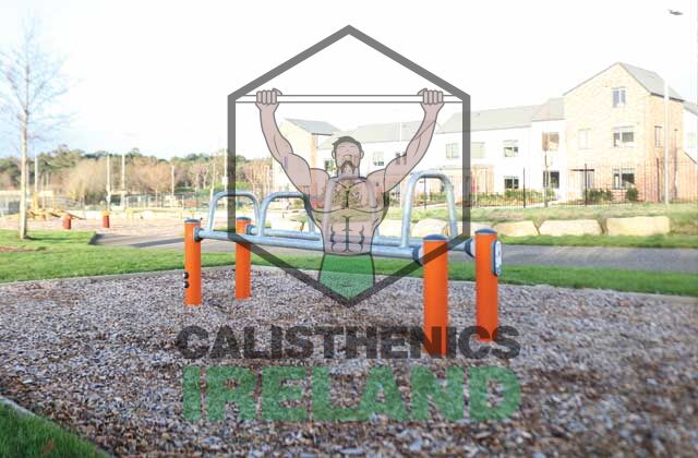 Outdoor exercise equipment at Beckett Park in Dublin, designed for calisthenics and bodyweight training in a public fitness area