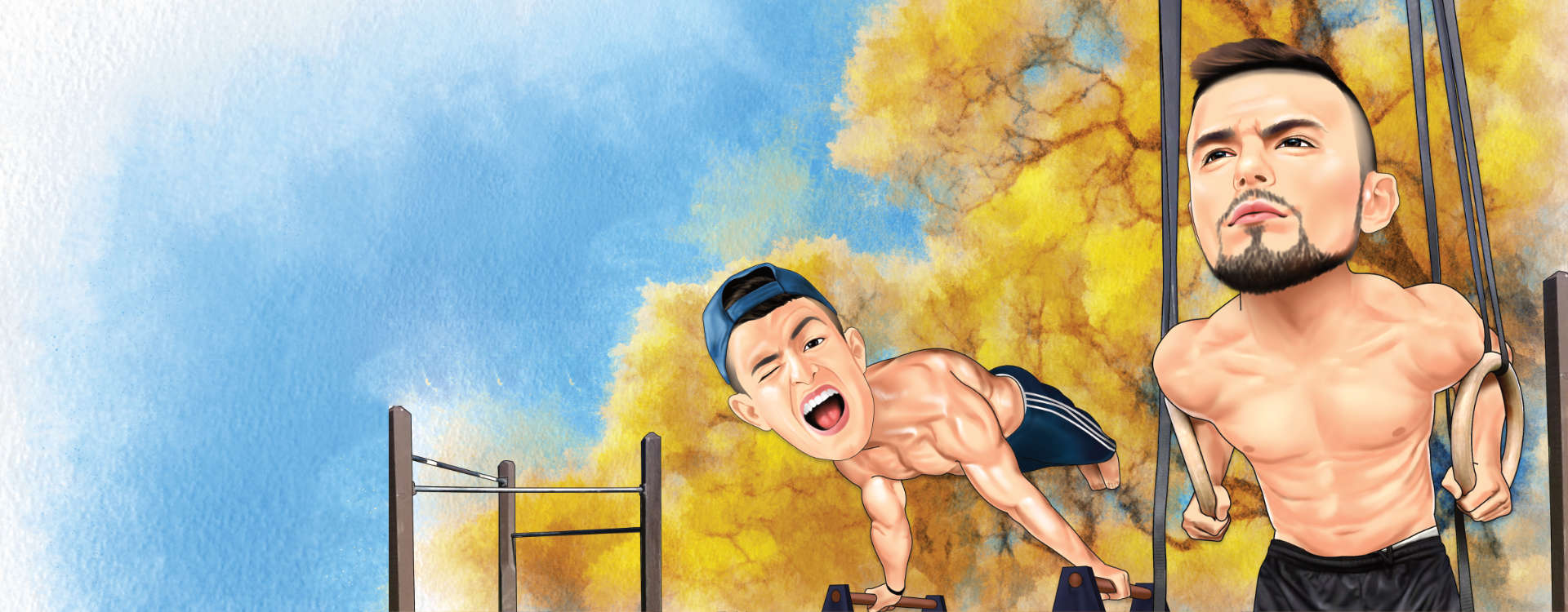 Cartoon illustration of Mikolaj and Ivan from Calisthenics Ireland working out together, used as the cover photo for the About Us page