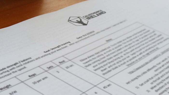 Custom workout plan created by Calisthenics Ireland, outlining personalised strength training exercises