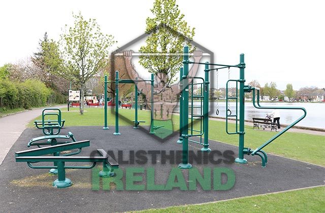 Outdoor calisthenics setup at The Lough Park in Cork, featuring workout bars and public fitness equipment