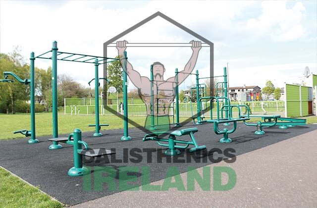 Outdoor calisthenics park at Clashduv Park in Cork, featuring fitness equipment for public bodyweight training and exercise