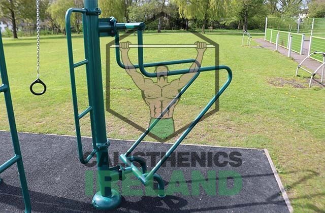 Public outdoor fitness area at Clashduv Park in Cork, featuring calisthenics equipment for community strength and mobility training