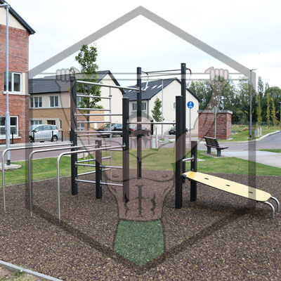 Calisthenics park at Clay Farm in Dublin, featuring outdoor bodyweight training equipment in a modern residential setting