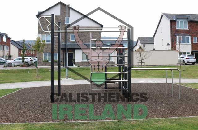 Outdoor exercise equipment at Clay Farm in Leopardstown, Dublin, designed for calisthenics and bodyweight training in a public fitness area