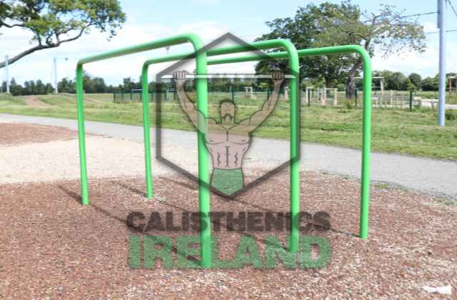 Outdoor gym dip bar station at Collinstown Park in Dublin for strength training