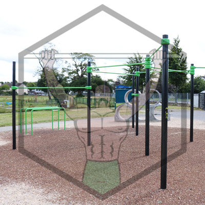 Calisthenics workout equipment at Collinstown Park in Dublin, featuring pull-up bars and outdoor fitness gear for bodyweight training