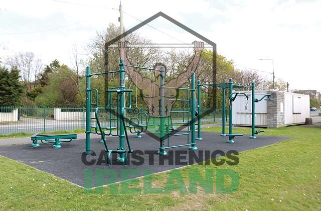 Outdoor calisthenics gym at Kempton Park in Cork, with bodyweight training equipment in a public park setting