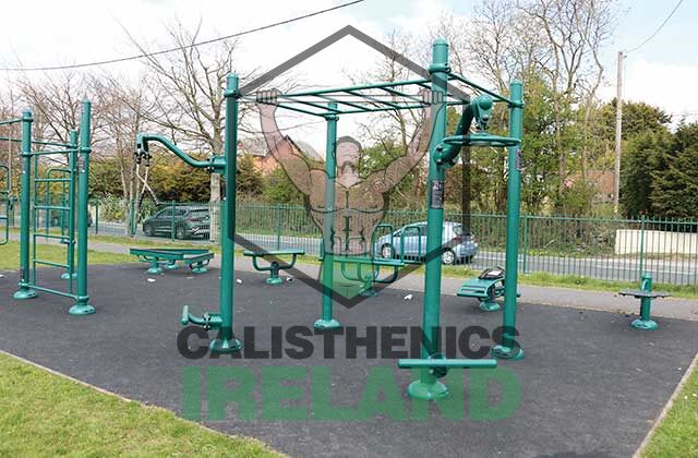 Calisthenics workout area at Kempton Park in Cork, featuring outdoor exercise equipment for strength and mobility training