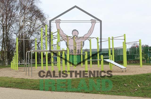 Bodyweight training area at Killinarden Park in South Dublin with pull-up bars, parallel bars, and other calisthenics equipment