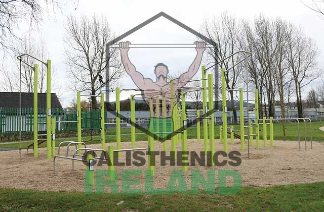 Public outdoor exercise area at Killinarden Park in Dublin with equipment for accessible calisthenics and strength training