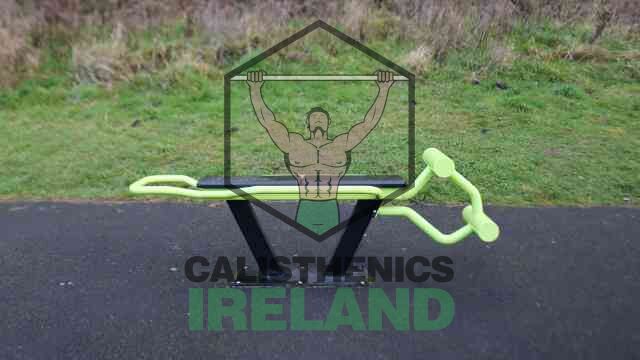 Outdoor gym setup at Liffey Valley Park in Dublin with equipment for calisthenics, functional strength training, and bodyweight exercises