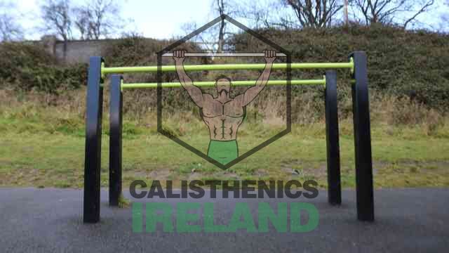 Street workout training space at Liffey Valley Park in Dublin with calisthenics bars and functional fitness equipment for bodyweight exercise