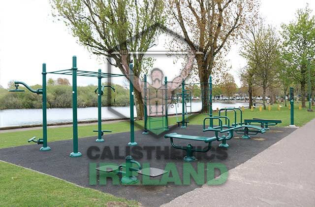 Designated calisthenics area at The Lough Park in Cork, featuring outdoor exercise equipment for bodyweight workouts