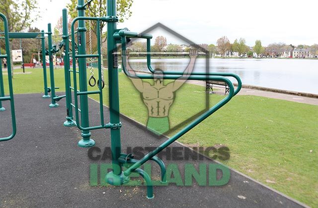 Outdoor fitness space at The Lough Park in Cork, equipped with calisthenics bars and bodyweight training structures