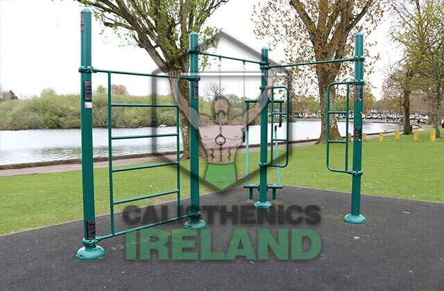 Street workout area at The Lough Park in Cork, with outdoor fitness equipment for calisthenics and bodyweight training
