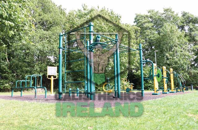 Calisthenics gym at Mount Bernard Park in Dublin, equipped with outdoor workout bars for bodyweight and strength training