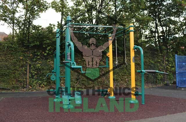 Outdoor exercise equipment at Mountjoy Square in Dublin, designed for calisthenics and bodyweight training in a public fitness area