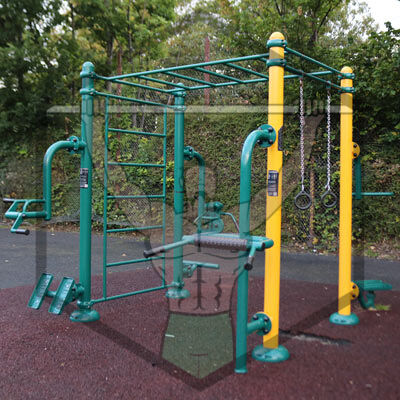 Calisthenics workout equipment at Mountjoy Square Park in Dublin, featuring pull-up bars and fitness structures for bodyweight training