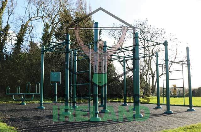 Fitness area at Porterstown Park in Castleknock, Dublin offering outdoor equipment for bodyweight training