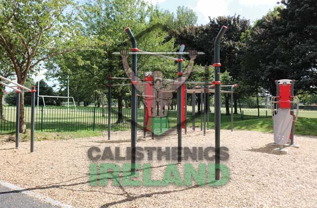 Outdoor gym equipment at Ringsend Park in Dublin, featuring calisthenics bars for public bodyweight and functional training