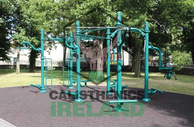 Calisthenics park at Royal Canal Bank in Dublin, equipped with outdoor fitness bars for bodyweight training and functional exercise