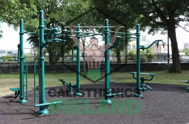 Street workout area at Royal Canal Bank in Dublin, featuring outdoor calisthenics equipment for public bodyweight training