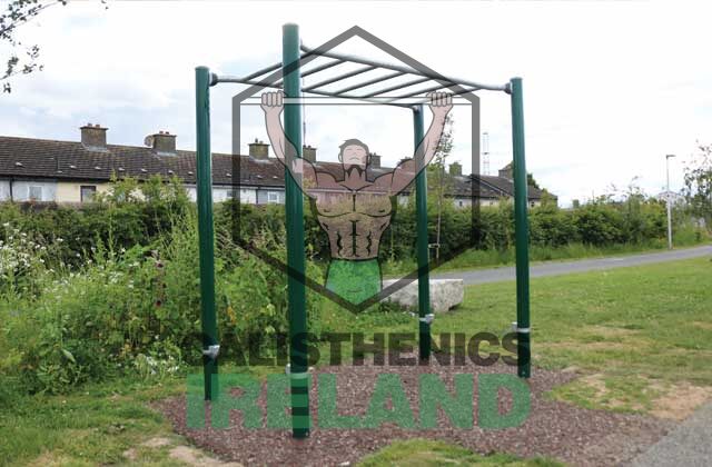 Calisthenics area at Royal Canal Greenway in Dublin, featuring outdoor workout equipment for bodyweight training along the canal path