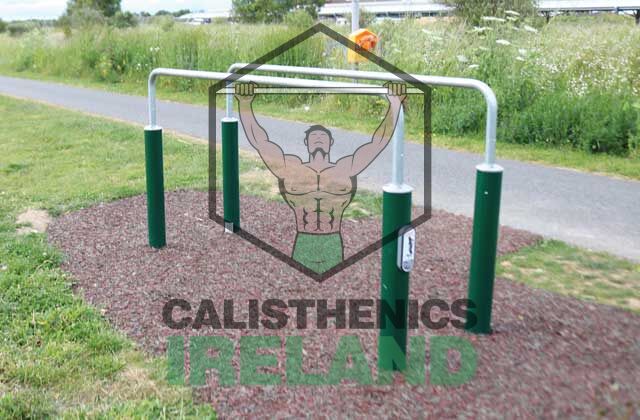 Workout area at Royal Canal Greenway in Dublin, featuring outdoor fitness equipment for calisthenics and bodyweight training along the canal