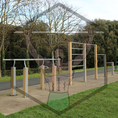 Outdoor calisthenics workout equipment at St Anne’s Park in Dublin, featuring bars for strength, mobility, and bodyweight training