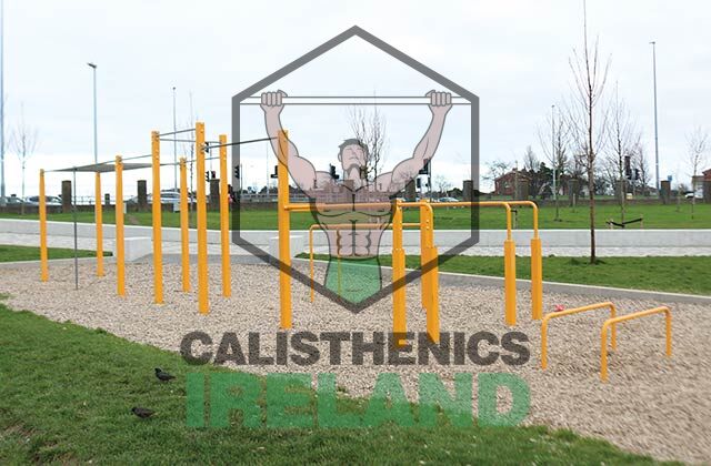 Public outdoor gym near Tallaght Leisure Centre in Dublin, offering bodyweight exercise stations for accessible outdoor training