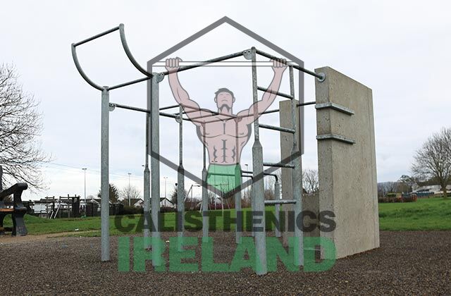 Street workout area at The Hollows Park in Tallaght, South Dublin featuring pull-up bars,dip bars and outdoor bodyweight training equipment