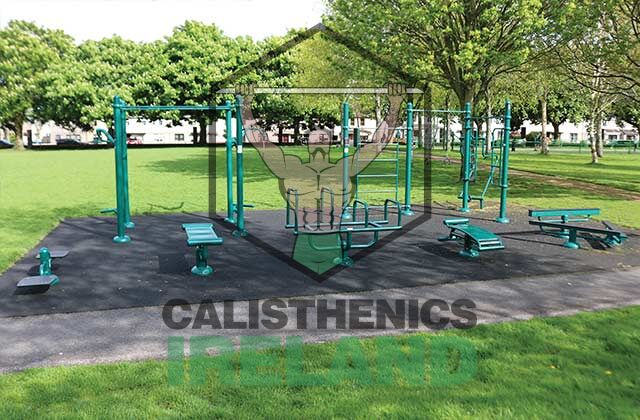Full view of the calisthenics training area at Tory Top Park in Cork, featuring outdoor gym equipment in a public green space