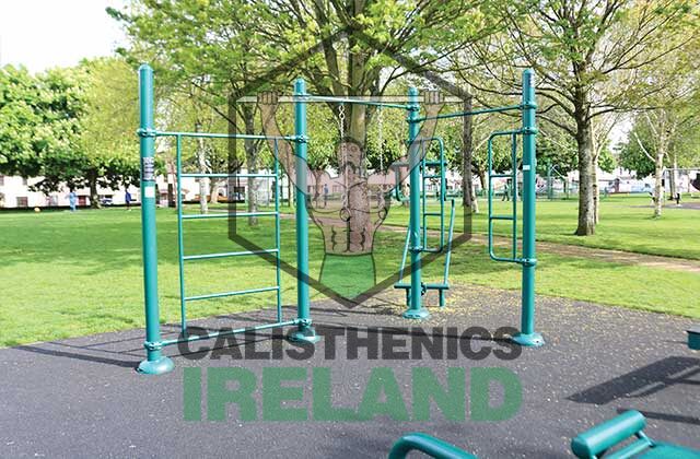Street workout area at Tory Top Park in Cork, featuring outdoor calisthenics equipment like pull-up bars and parallel bars