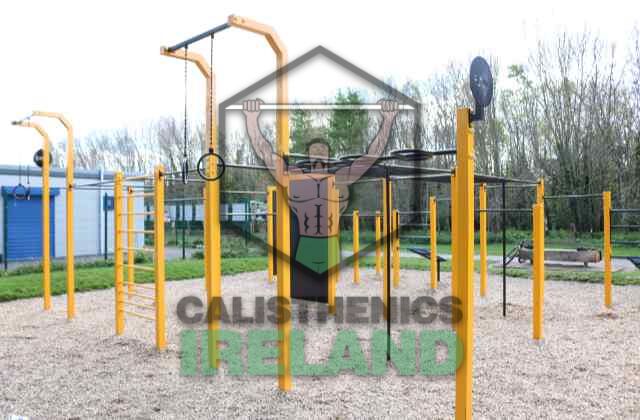 Outdoor gymnastics rings setup at Tymon Park in Dublin, designed for calisthenics and bodyweight strength training