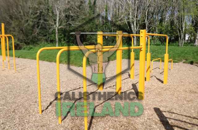 Public outdoor fitness space at Tymon Park in Dublin with calisthenics bars for bodyweight training