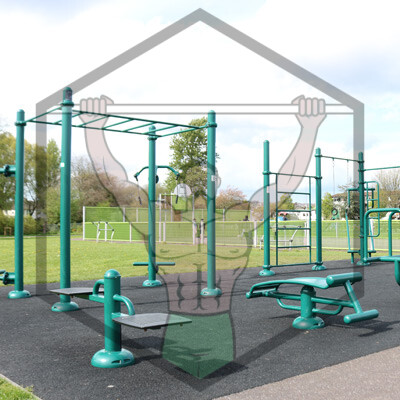 Calisthenics workout area at Clashduv Park, Cork, equipped with street workout bars and public exercise stations.