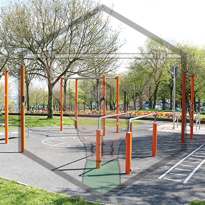 Outdoor calisthenics park at Gerry O’Sullivan Park, Cork, featuring street workout bars and fitness stations for public use.